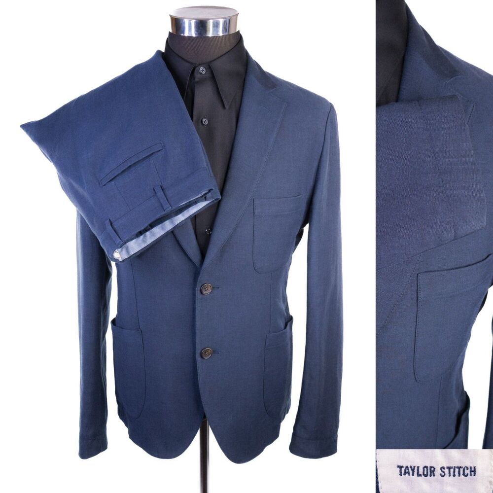 Taylor Stitch 2-Pcs Blue Two Button Cotton Suit Jacket Blazer Sz 40R Pants 36X32